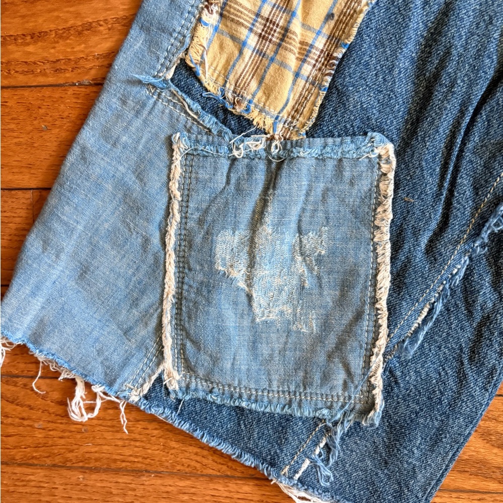 Free People Blue Distressed Patchwork Jeans with Plaid Accents - Picture 5 of 9
